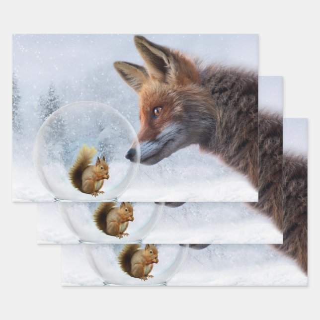 Feuille De Papier Cadeau Fox Squirrel Winter Snow Globe (Lot)
