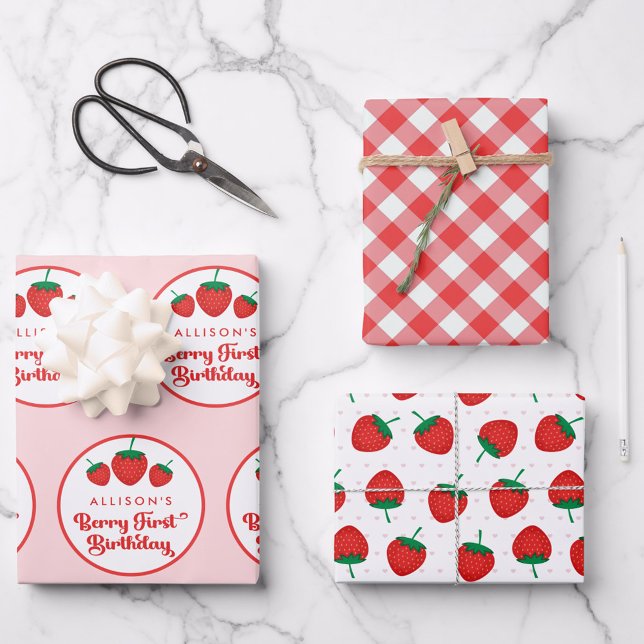 Feuille De Papier Cadeau Fraise 1er Anniversaire Fête Berry 1er (Créateur téléchargé)