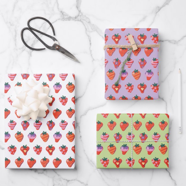 Feuille De Papier Cadeau Fraise blanche-Kiwi-Plum illustrée (Recto)