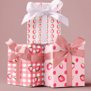 Feuille De Papier Cadeau Fraises Aquarelle rose et rouge