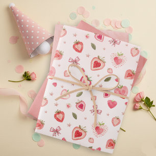 Feuille De Papier Cadeau Fraises D'Aquarelle Douce Coeurs Et Rubans