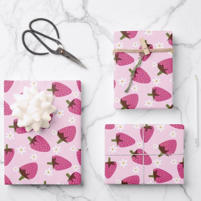 Feuille De Papier Cadeau Fraises marguerites Flore motif Fille rose (Créateur téléchargé)