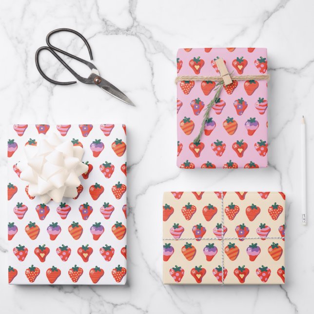 Feuille De Papier Cadeau Framboise à baies blanches illustrées (Recto)