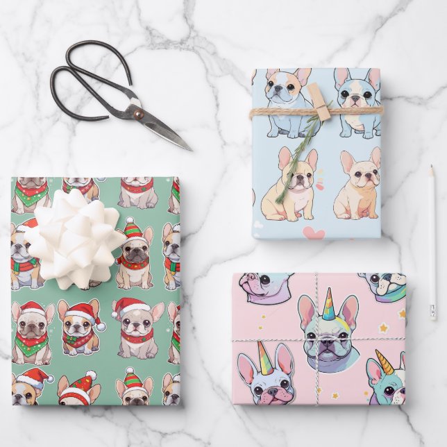 Feuille De Papier Cadeau Français Bulldogs Pastel Motif de Noël (Recto)
