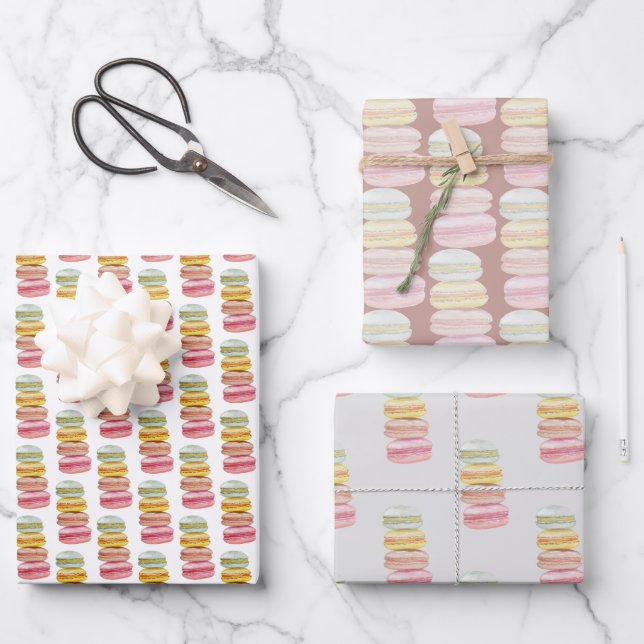 Feuille De Papier Cadeau Français Macarons aquarelle peinte à la main (Recto)