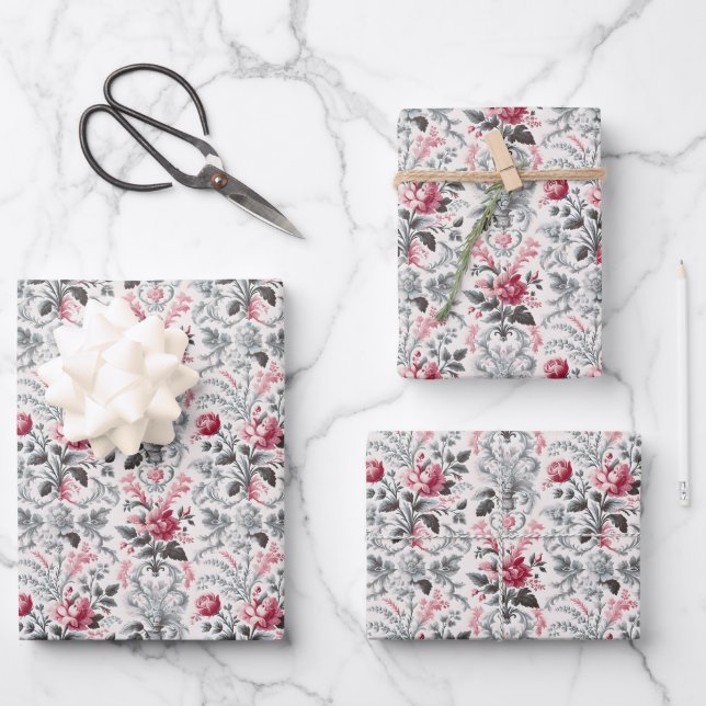 Feuille De Papier Cadeau French Country Toile Fleurie Design Rose (Recto)