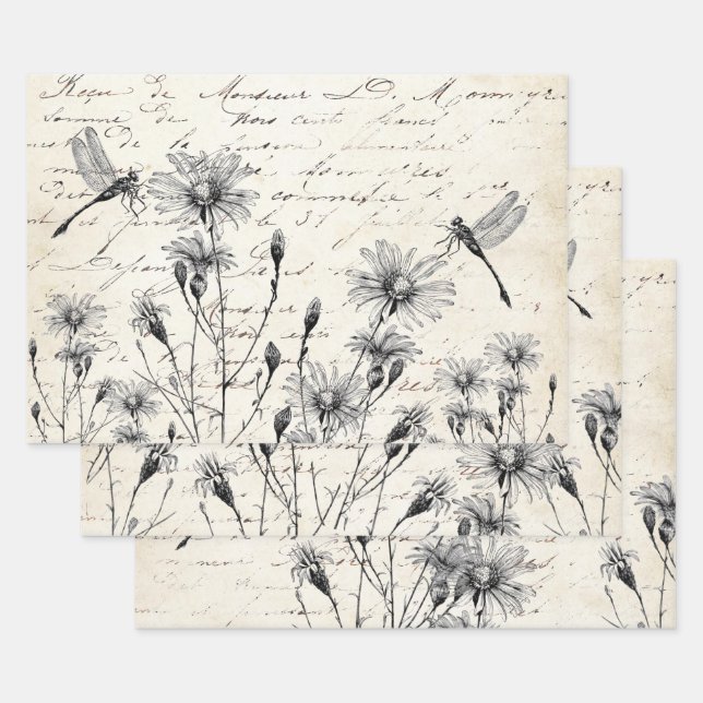 Feuille De Papier Cadeau French Script Wildflower Dragonfly Decoupage Craft (Lot)