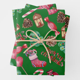 Feuille De Papier Cadeau Friandises et décorations de Noël vertes