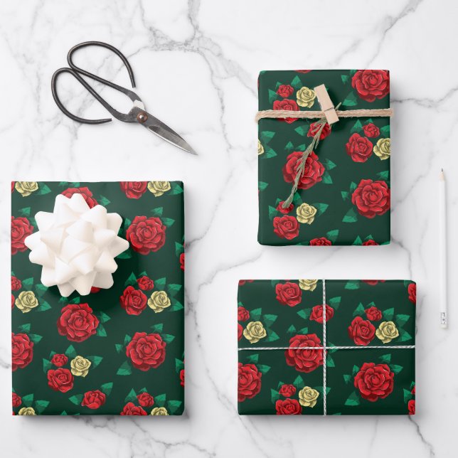 Feuille De Papier Cadeau Frida Kahlo | Red and Gold Rose Pattern (Recto)