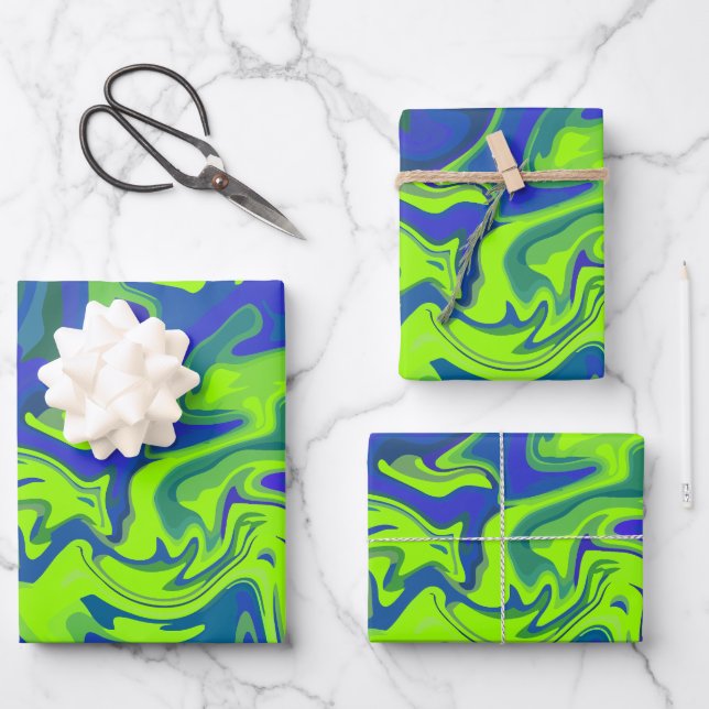 Feuille De Papier Cadeau Frottes Abstraites vibrantes en vert et bleu (Recto)