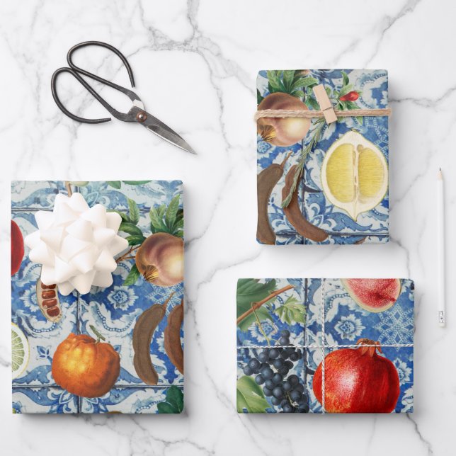 Feuille De Papier Cadeau Fruit d'été méditerranéen & Mosaïque Bleue Blanc (Recto)