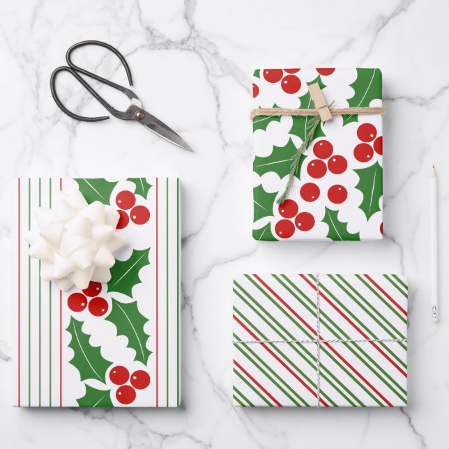 Feuille De Papier Cadeau Fruit et rouge, rayures vertes Noël (Recto)