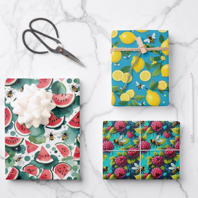 Feuille De Papier Cadeau Fruits Et Abeilles Fruit D'Eau Lemons & Rasberries (Recto)