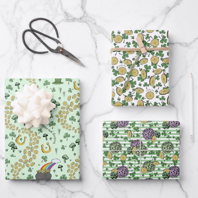 Feuille De Papier Cadeau Fun Artsy Irlandais Shamrock Rainbow Leprechaun Gr (Recto)