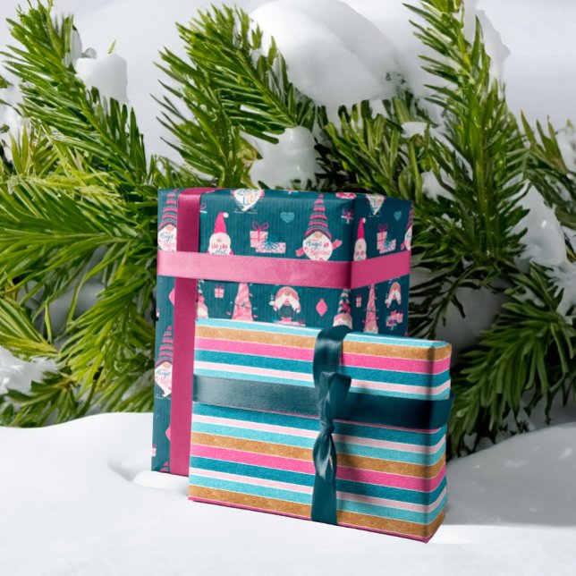 Feuille De Papier Cadeau Fun Colourful Stripe, Gnome et Kisses Christmas (Fun Colourful Stripe, Gnome and Kisses Christmas Wrapping Paper Sheets)