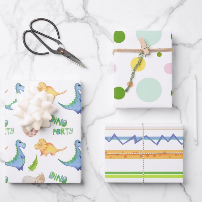 Feuille De Papier Cadeau Fun Dino Party Dinosaur Points Lignes mignonnes En (Recto)