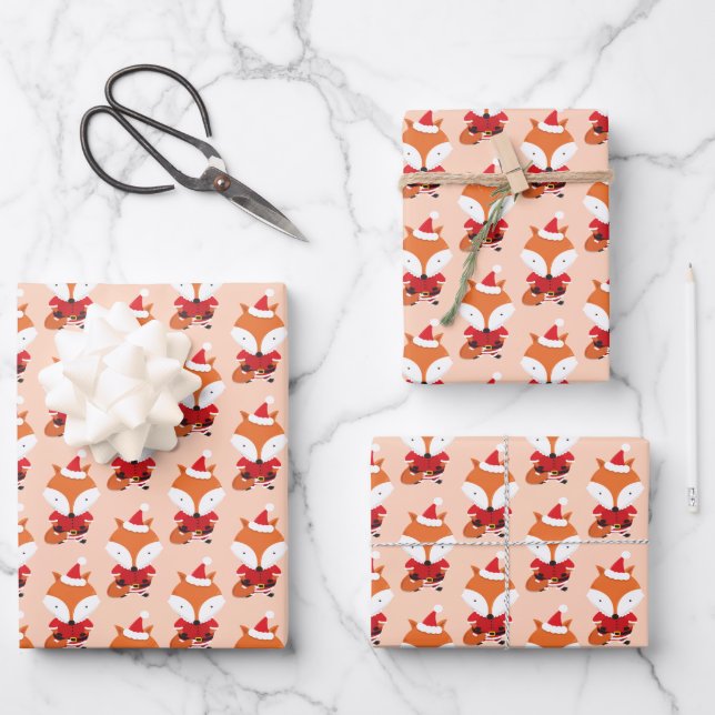 Feuille De Papier Cadeau Fun Fox Santa Hat Orange Noël (Recto)