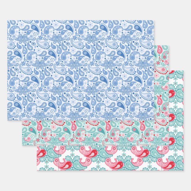 Feuille De Papier Cadeau Fun Paisley motif Bleu Turquoise Rouge (Lot)