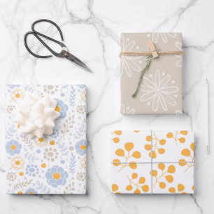 Feuille De Papier Cadeau Fun Pastel Floral Moderne Bleu Taupe Jaune