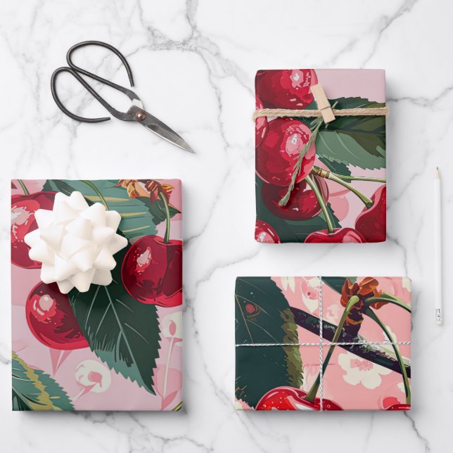 Feuille De Papier Cadeau Fun Retro 'Cherry Pop' Rose (Recto)