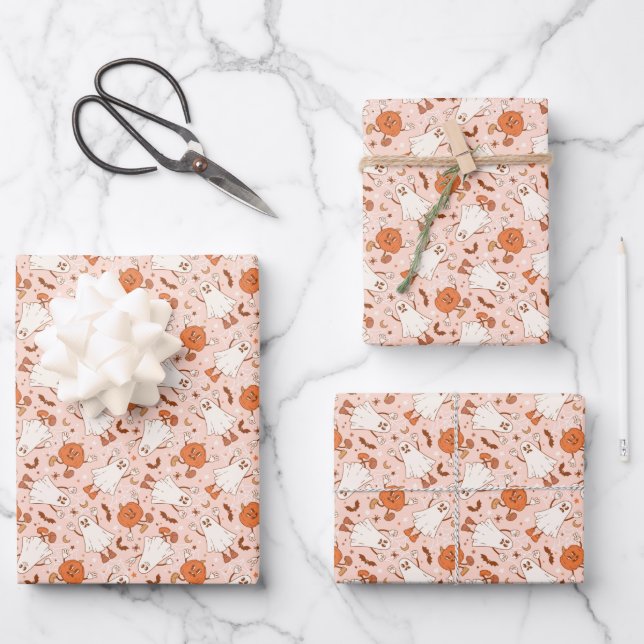 Feuille De Papier Cadeau Fun Retro Ghost & Jack-O-Lantern Motif (Recto)