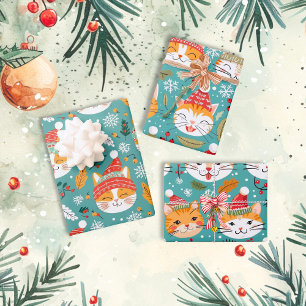 Feuille De Papier Cadeau Fun Retro Orange Chats Noël