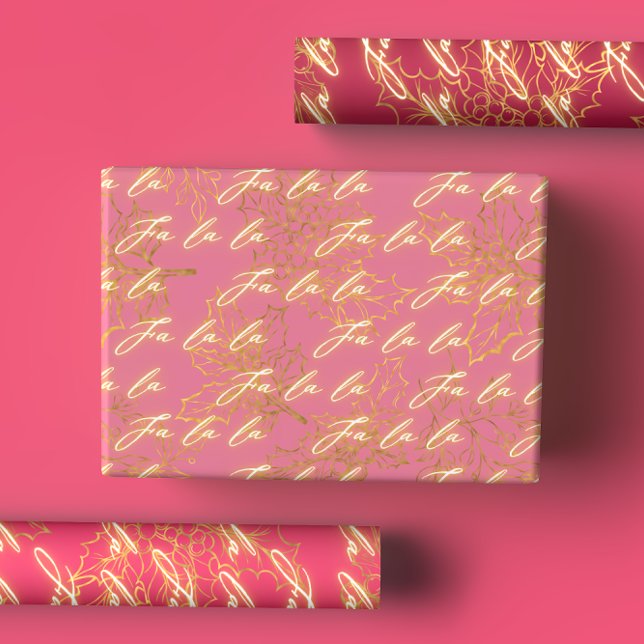 Feuille De Papier Cadeau Fun rose métallique Monochrome Fa La La Christmas (Créateur téléchargé)