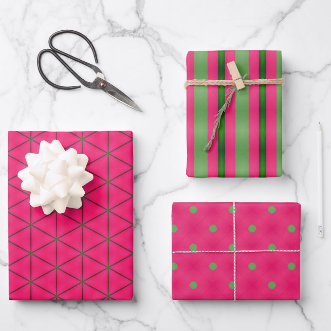 Feuille De Papier Cadeau Fun Rose & Vert Grille moderne et Pois (Recto)