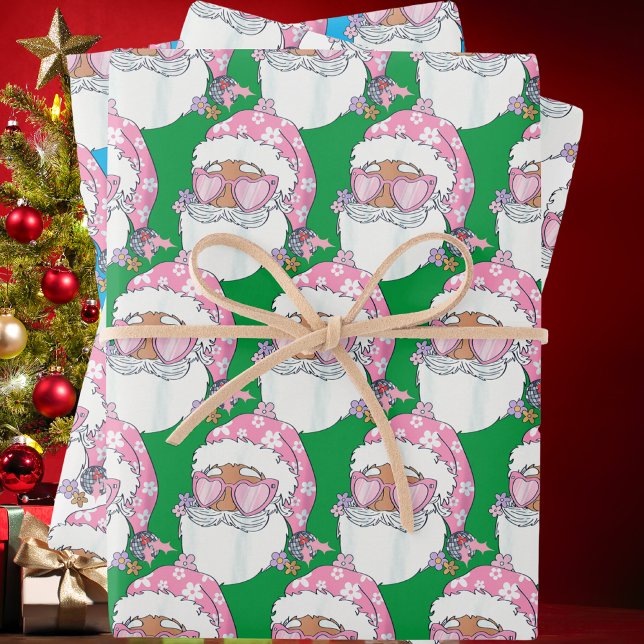 Feuille De Papier Cadeau Funky African American Père Noël Face Pink Noël (Créateur téléchargé)