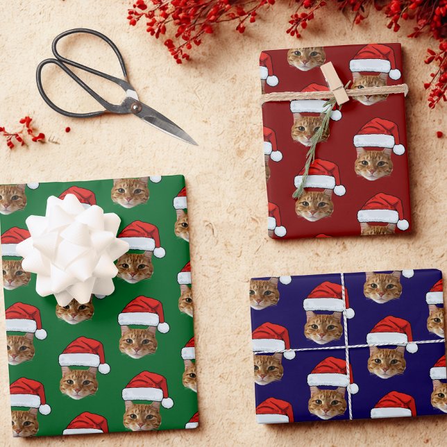 Feuille De Papier Cadeau Funky Custom Face Chat Photo Santa Hat Noël (Créateur téléchargé)