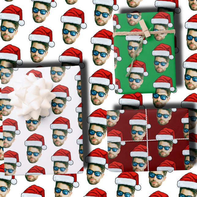 Feuille De Papier Cadeau Funky Custom Face Photo Père Noël Casquette Noël (Créateur téléchargé)