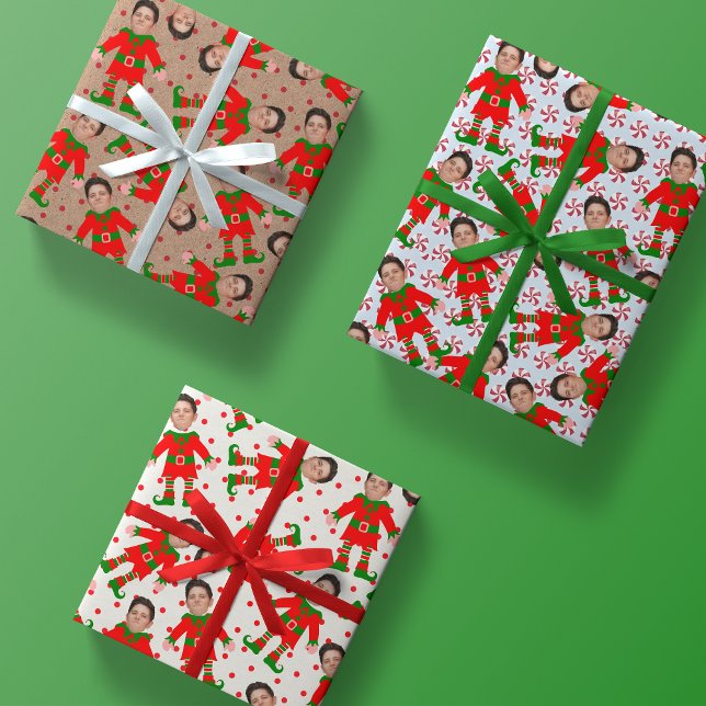 Feuille De Papier Cadeau Funky Custom Face Photo Père Noël Elves Noël (Créateur téléchargé)