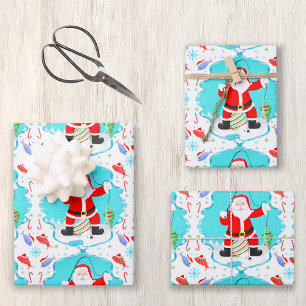 Feuille De Papier Cadeau Funky Père Noël Pêche Sur Glace Avec Motif Ours Po
