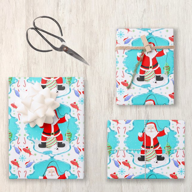 Feuille De Papier Cadeau Funky Père Noël Pêche Sur Glace Avec Motif Ours Po (Christmas fun for the fishing fan! )