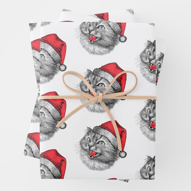 Feuille De Papier Cadeau Funny Angry Christmas Santa Hat Cat (En situation)