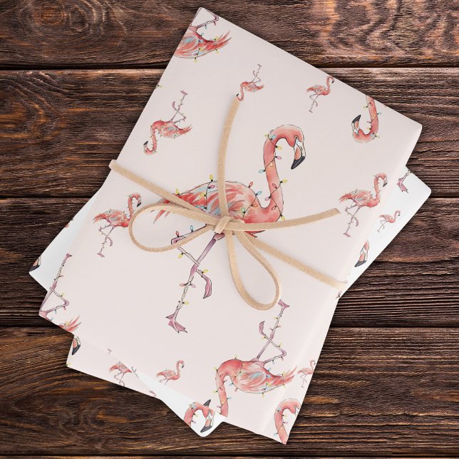 Feuille De Papier Cadeau Funny Christmas Holiday Flamingo Lights White Pink (Créateur téléchargé)