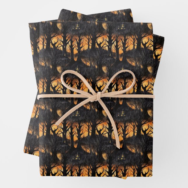 Feuille De Papier Cadeau Funny rétro éffrayant Halloween forêt hantée (En situation)