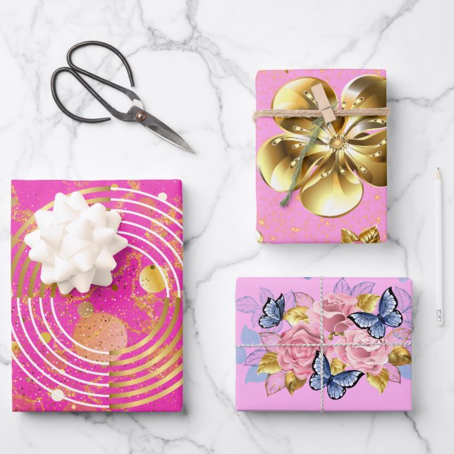 Feuille De Papier Cadeau Galore Golden Modern géométrique et Fleurs (Recto)