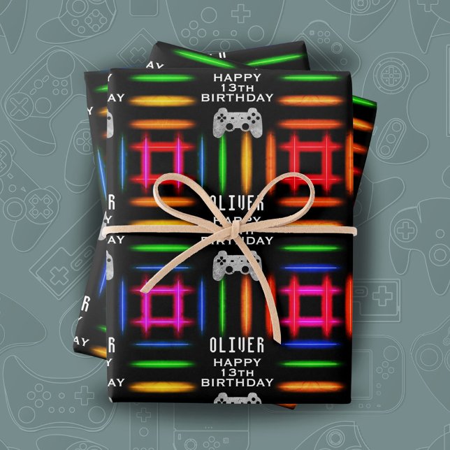 Feuille De Papier Cadeau Gamer contrôleur de jeu vidéo Neon fête d'annivers (Créateur téléchargé)