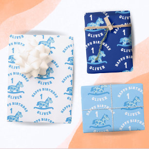 Feuille De Papier Cadeau Garçon à cheval à bascule bleu mignon 1er annivers