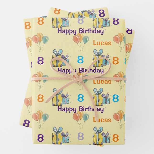 Feuille De Papier Cadeau Garçons Anniversaire Ajouter Nom & Âge Ballons Cad (En situation)