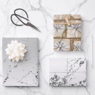 Feuille De Papier Cadeau Gâteau Glitzy Argent Blanc Ruban Anniversaire