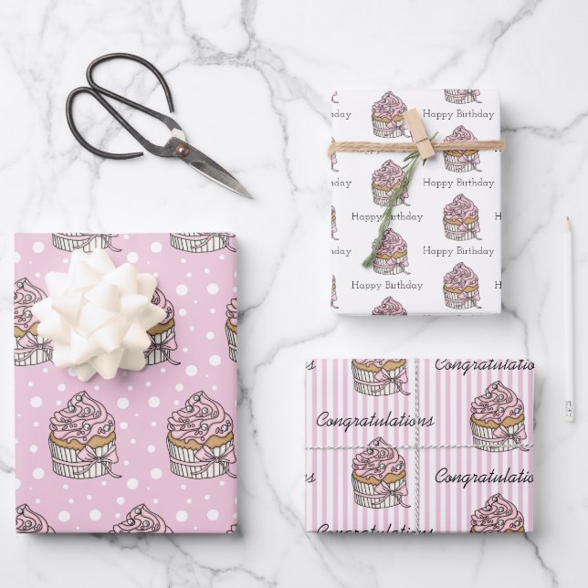 Feuille De Papier Cadeau Gâteaux roses et argentés  (Recto)