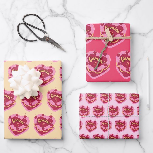 Feuille De Papier Cadeau Gemini Zodiac Coquette Coeur gâteau d'anniversaire (Recto)