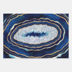 Feuille De Papier Cadeau Géode bleu foncé et Art numérique or