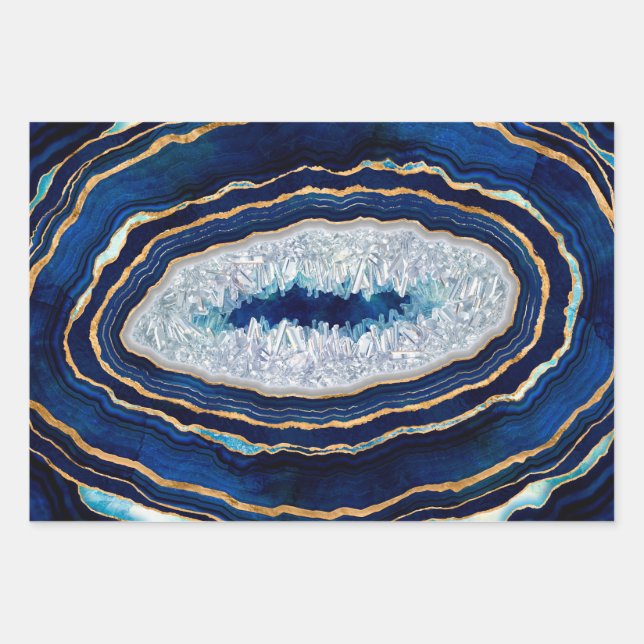Feuille De Papier Cadeau Géode bleu foncé et Art numérique or (Devant)