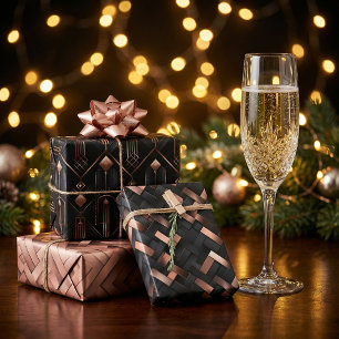 Feuille De Papier Cadeau Géométrie or rose sur la conception noir mat