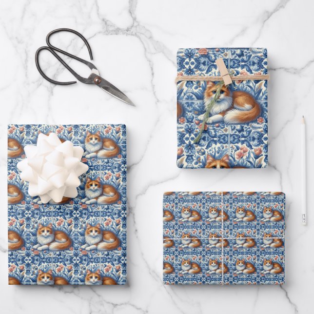 Feuille De Papier Cadeau Ginger Chat Bleu Blanc Floral Anglais Delft (Recto)