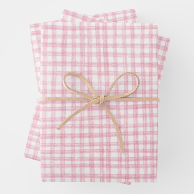Feuille De Papier Cadeau Gingham Dessiné à la main Moderne Mignon Rose Blan (En situation)