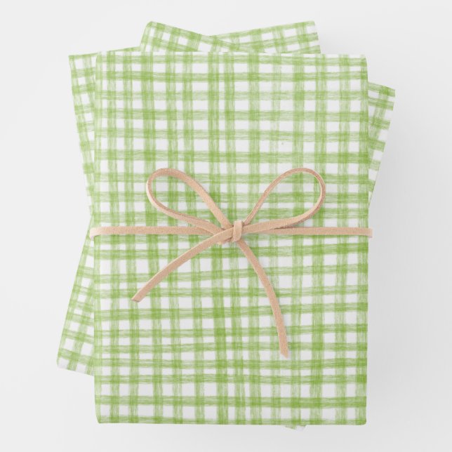Feuille De Papier Cadeau Gingham Hand-Drawn Modern Cute Green White Preppy (En situation)